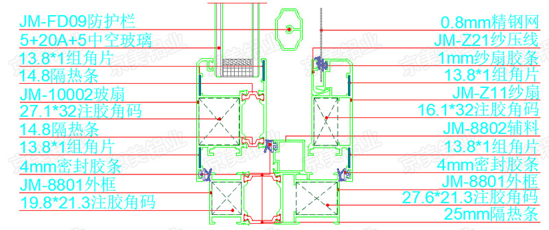 100平開(kāi)窗型材裝配圖